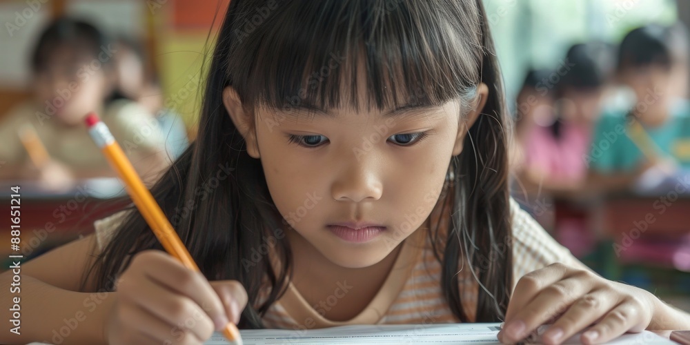 Poster A dedicated student in a classroom showcases focus and commitment to academic learning, demonstrating diligence and concentration in their school tasks with determination and ambition