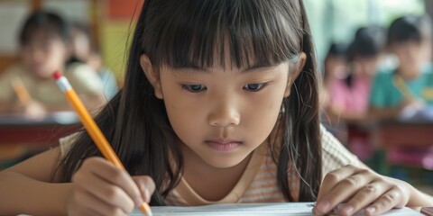 A dedicated student in a classroom showcases focus and commitment to academic learning, demonstrating diligence and concentration in their school tasks with determination and ambition