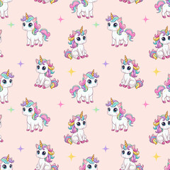 Seamless pattern of cute unicorns. The background is a magical pony with a golden horn.