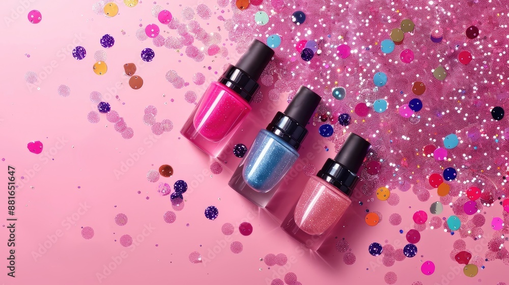 Poster stylish mockup featuring nail polish bottles on a pink and sparkly backdrop for manicure concept fla