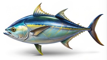 Fototapeta premium Vibrant yellow fin tuna fish with glistening scales and sharp fins, isolated on pure white background, ultra-realistic photography style.