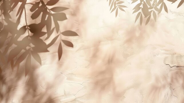 Beautiful texture of beige brown luxury smooth stucco wall with soft foliage dappled light of tropical tree leaf shadow