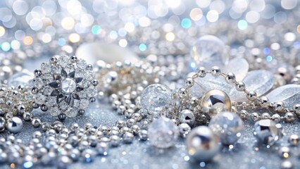 Luxurious silver and white glittering confetti background with sparkling diamonds and elegant jewelry, perfect for winter party invitations.