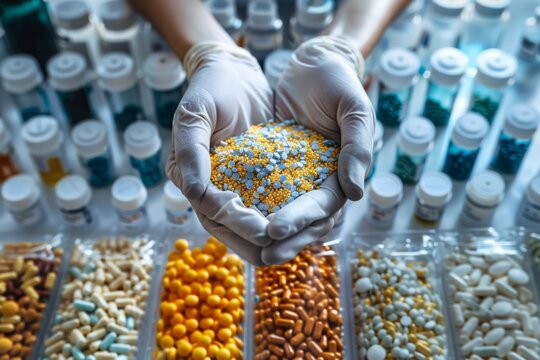 Hand holding bowl of pills in pharmacy
