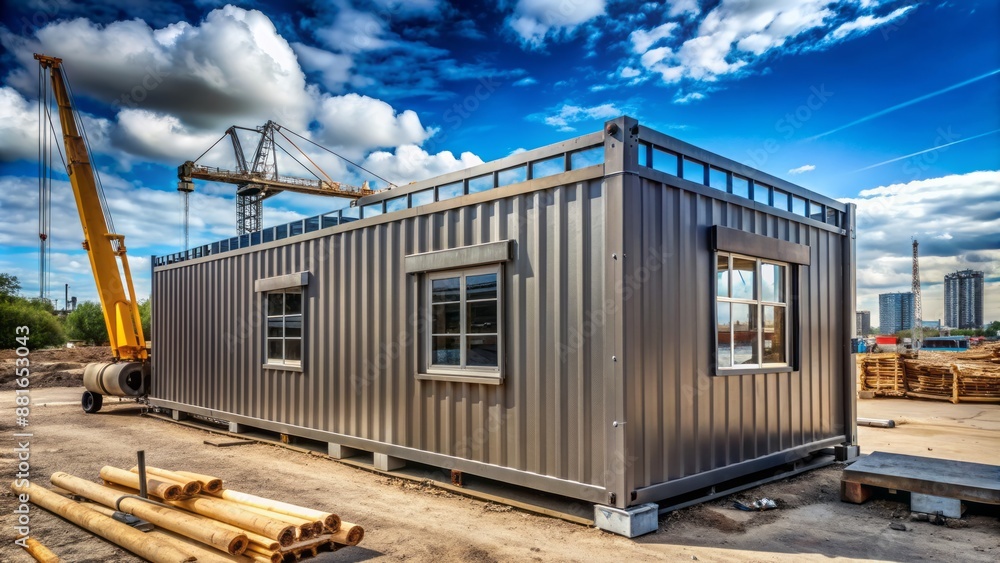 Wall mural highly detailed photo realistic rendering of a single-storey prefabricated office container within a