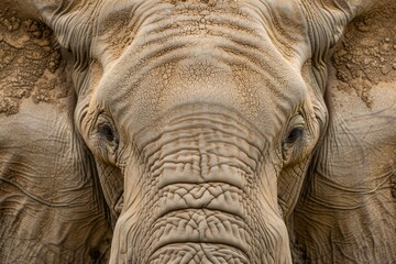 Close-up of an elephant's trunk, showing detailed skin texture and the eyes peeking out from behind it. Focus on the face. 