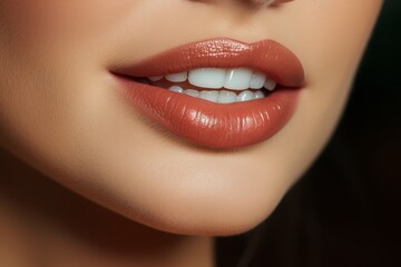 Close up of a stunning woman s joyful smile highlighting her full, luscious lips