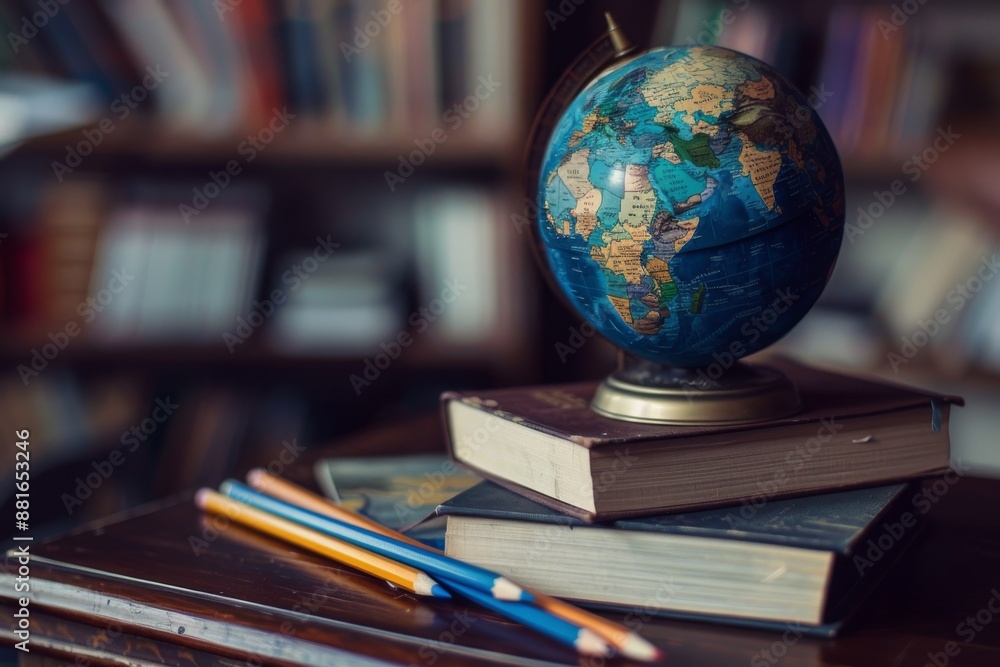 Poster enhance your study space with an educational globe, surrounded by books and pencils. this timeless s