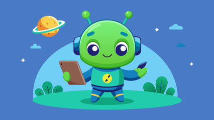 Cute Alien Playing Smart Phone Cartoon Vector Icons Illustration