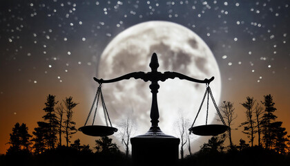 Silhouette of a scale in the forest in front of the big bright moon and shimmering night sky. Full moon in libra: zodiac sign, astrology, nature concept.