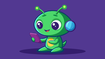  Cute Alien Playing Smart Phone Cartoon Vector Icons Illustration 