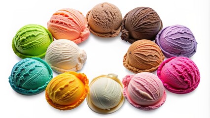 Obraz premium Assorted colorful ice cream scoops in assorted flavors arranged in a circular pattern on transparent background in top view.