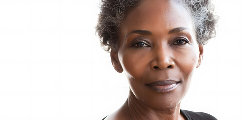 Naklejka premium Closeup photo portrait of a happy beautiful elderly mature African American woman smiling isolated on white background