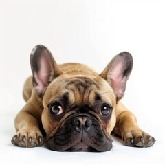 Obraz premium French Bulldog lying down with cute face on pure white background, dog breeds, small and charming companion