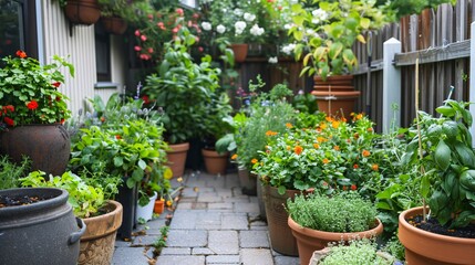 A cozy backyard patio with an assortment of potted herbs, vegetables, and flowers, highlighting the simplicity and beauty of home gardening in a small outdoor space.