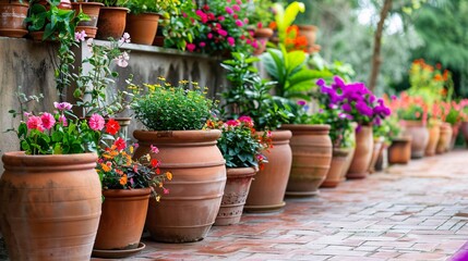 Rows of terracotta pots filled with blooming plants and colorful flowers sitting on a rustic patio, capturing the essence of homegrown gardening and outdoor relaxation.