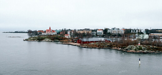 Fototapeta premium Coastal view in Gulf of Helsinki in Baltic sea. View of shore near Helsinki port