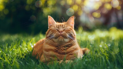 orange cat laying on the grass