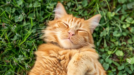 Fototapeta premium orange cat laying on the grass