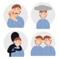 A set of illustrations of a men with psychological problems. Mental health, psychology problem concept. Flat vector illustration isolated on white background.