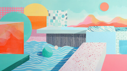 colorful sea waves and beach, cartoon illustration texture wallpaper