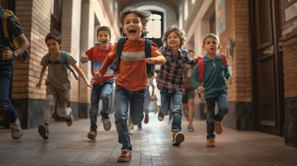 Naklejka premium In a lively school hallway, a group of exuberant kids creates an engaging learning environment filled with happiness and enthusiasm, promoting friendship and a lively school community