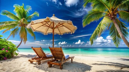 Obraz premium Surrealistic seaside scenery with intricately detailed beach chairs and vibrant umbrella under a radiant, cloudless blue afternoon sky.
