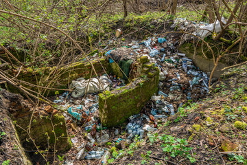Garbage in forest. Dirty environment, trash, rubbish after people. Ecological crisis