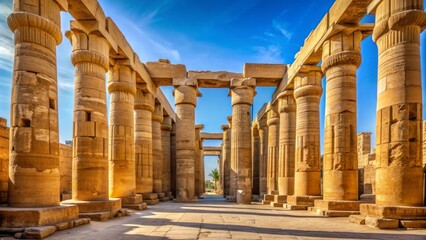 Ancient hypostyle hall of Karnak temple's majestic architecture, with 134 columns, set against a clear blue Egyptian sky backdrop.