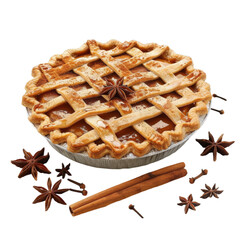 Thanksgiving pie scene, a freshly baked pumpkin pie with a lattice crust, surrounded by whole spices like cinnamon sticks and star anise, isolated white background.
