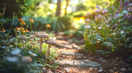 Obraz premium Pathway through a garden with mushrooms in the foreground. Concept of nature, plant life, outdoor beauty, greenery