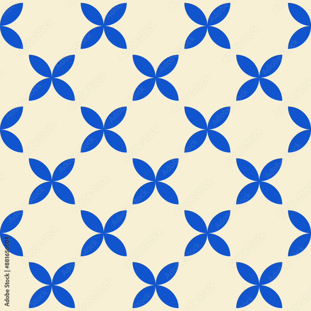 Poster trendy retro seamless pattern with geometric blue flowers on a beige background. modern minimal abst