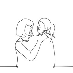 aggressive irritated woman grabbed another's neck with his hand - one line art vector. concept desire to strangle, aggression, strangulation, killer, state of passion