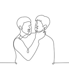 aggressive irritated man grabbed another's neck with his hand - one line art vector. concept desire to strangle, aggression, strangulation, killer, state of passion
