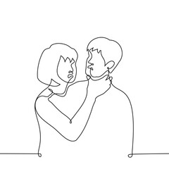 aggressive irritated woman grabbed the man's neck with her hand - one line art vector. concept desire to strangle, aggression, strangulation, killer, state of passion