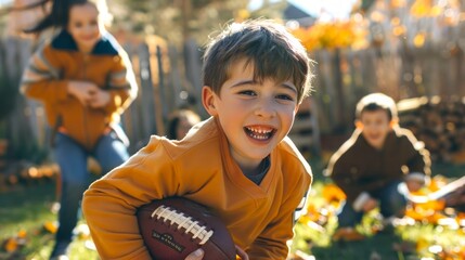 Photo of a family playing football in the backyard during autumn. Concept of family fun, outdoor activity, childhood joy, bonding