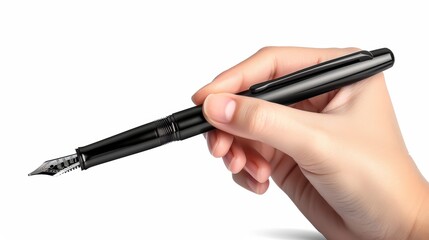 Hand holding a black fountain pen isolated on white background