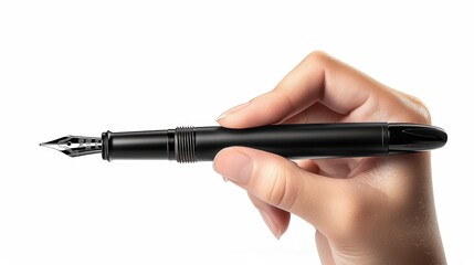 Hand holding a black fountain pen isolated on white background