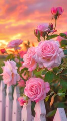 A cluster of pink roses blooming vibrantly by a white picket fence, under a spectacular sunset sky, creating a serene and picturesque garden scene.