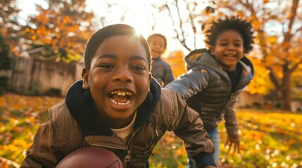 African American boys playing football in a backyard during autumn. Concept of childhood, outdoor fun, friendship, family time