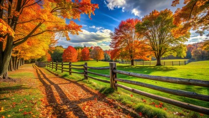 Naklejka premium Vibrant autumn foliage surrounds a serene rural park with a winding path, perfect for a leisurely stroll on a crisp day.