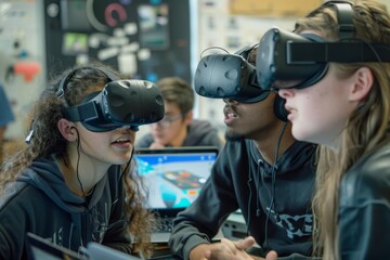 High school students use virtual reality headsets for immersive learning in the modern classroom. This handson technology engages techsavvy students in innovative teaching methods