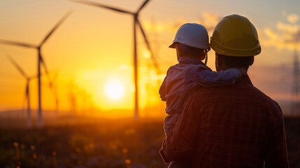 Silhouette of father and son with clipping path in hard hat Happy dad carrying son on shoulders checking project at wind farm site on sunset in evening time.