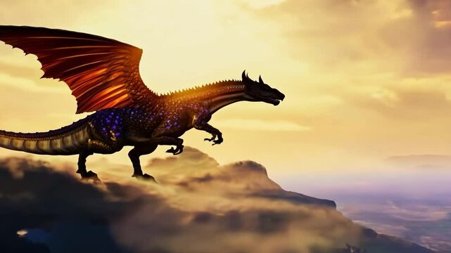 A large dragon is flying through the sky. The dragon is brown and has red wings. The sky is cloudy and the sun is setting