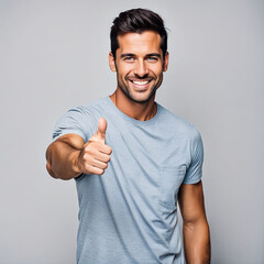 confident Fit Man in T-Shirt Giving Thumbs Up in Studio