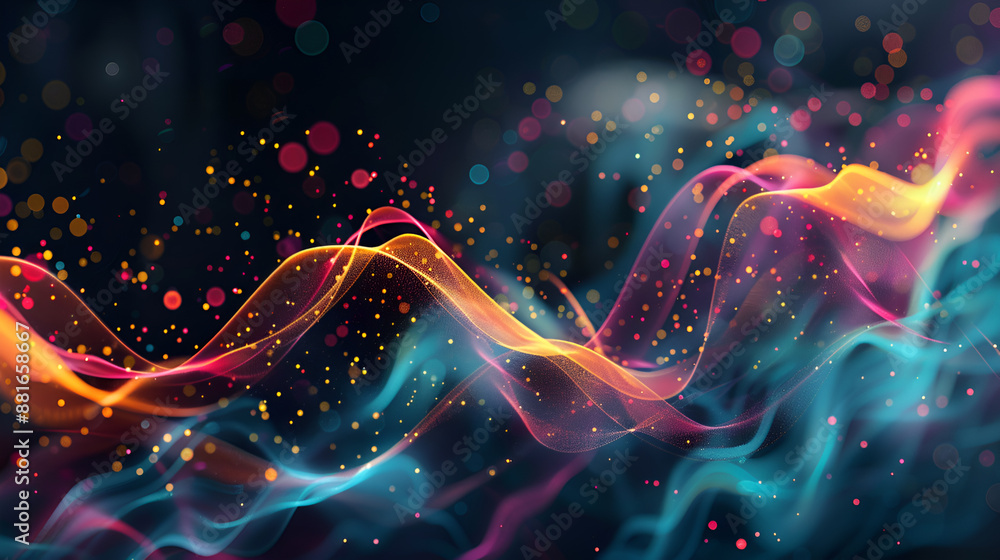 Poster dark background with colorful lines and dots, trends on unsplash, objective abstraction, tracking of