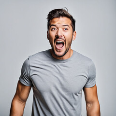 Excited Man in Stylish Blue T-Shirt Celebrating Victory in Studio