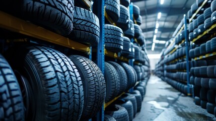 Obraz premium Piles of car tires in factory storage area. Concept Industrial Waste Management Recycling Practices Synthetic Rubber Production Tire Manufacturing Technology AI