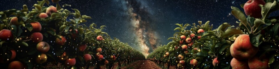 Obraz premium Abstract Wallpaper of a Fruit Orchard under a Starry Night Sky. Dreamlike Atmosphere with Lush Fruits and Twinkling Stars, Highlighting Organic Farming and Healthy Living Themes in an AI-Generated Hig