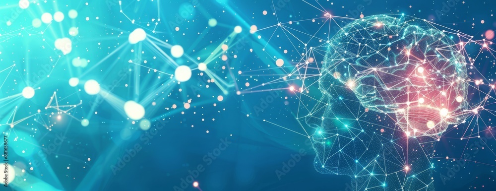 Aufkleber The futuristic 3D rendering showcases advanced AI powered by neural networks for data analytics and machine learning in a digital network, accentuating cybernetics and visualization